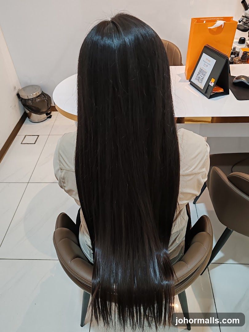 Woman with long dark hair sitting in a salon chair