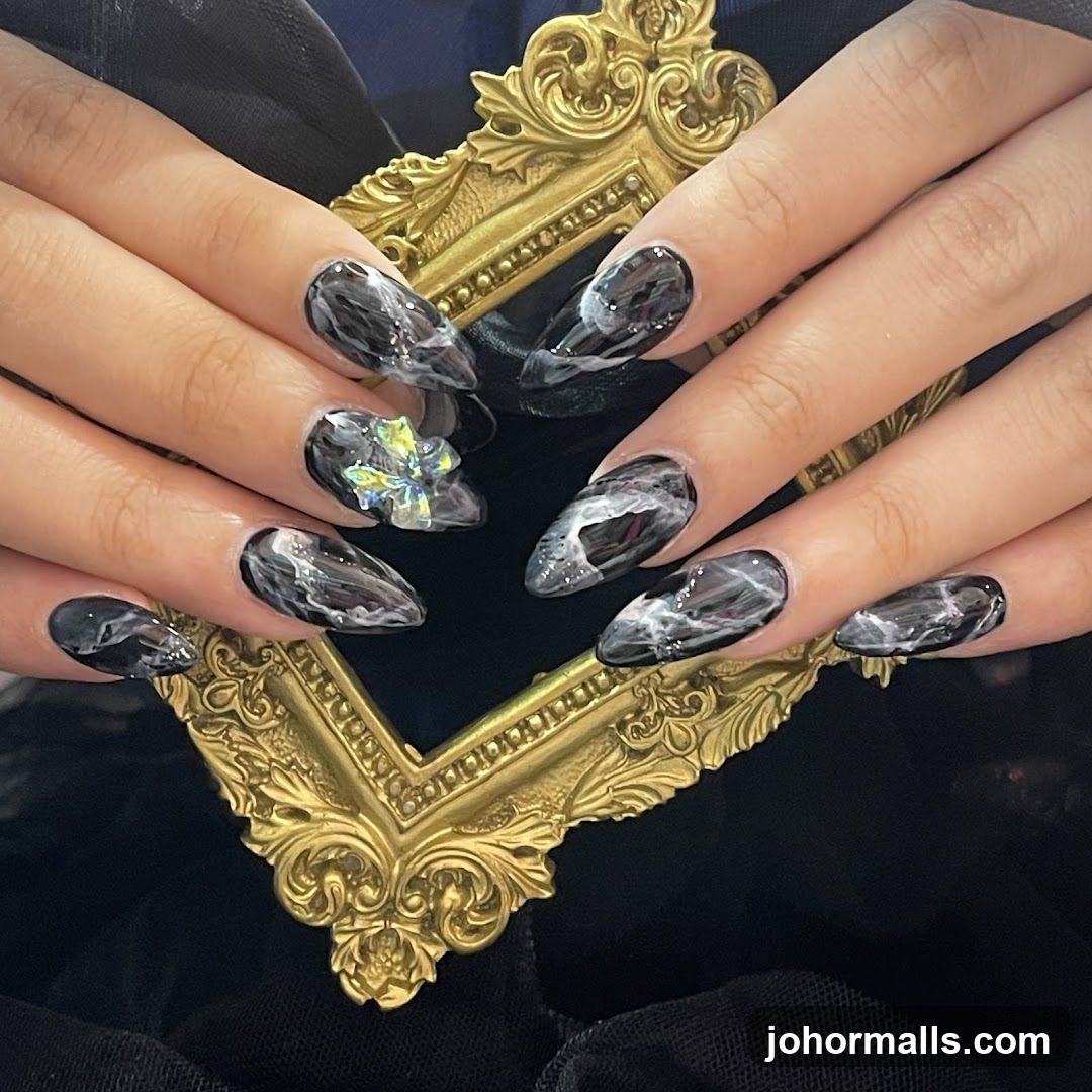 Marble Nails with Rhinestone Accent