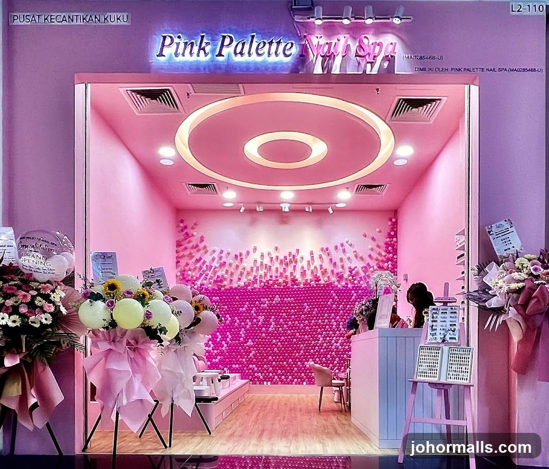 The exterior of a nail spa with a bright pink interior. The shop's name, "Pink Palette Nail Spa," is displayed in neon lights above the entrance. The interior features a wall decorated with pink nail polish bottles and a ball pit. Floral arrangements and balloons are placed outside the entrance, indicating a grand opening.