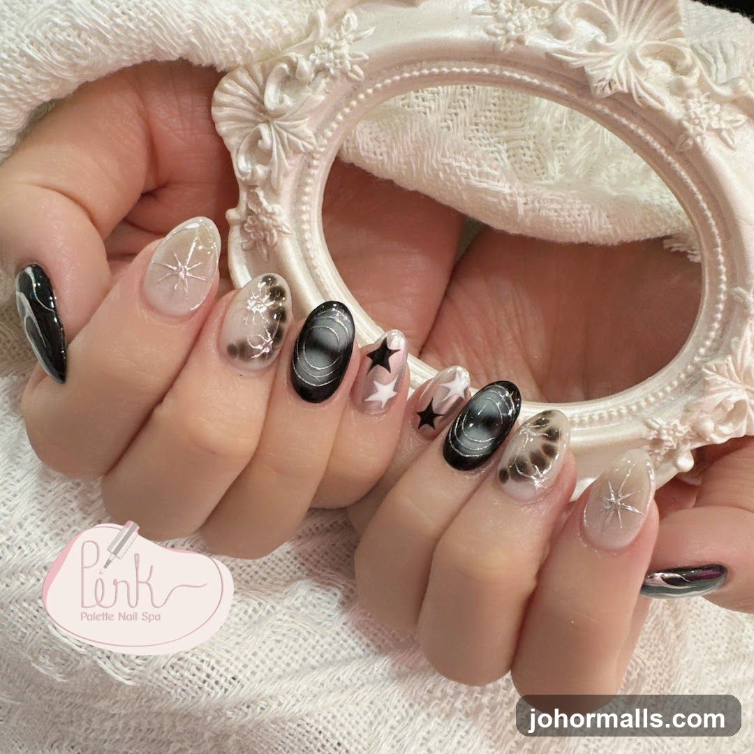Nail Art with Celestial and Abstract Designs