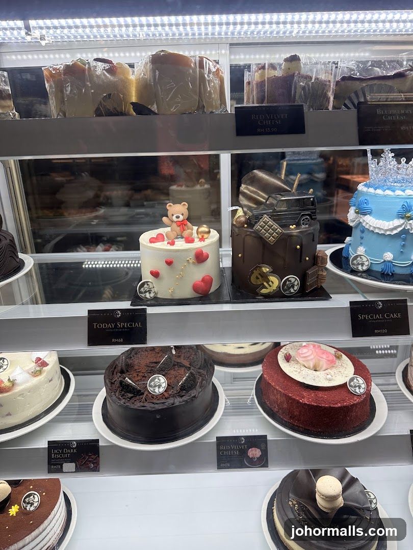 Cakes in a display case