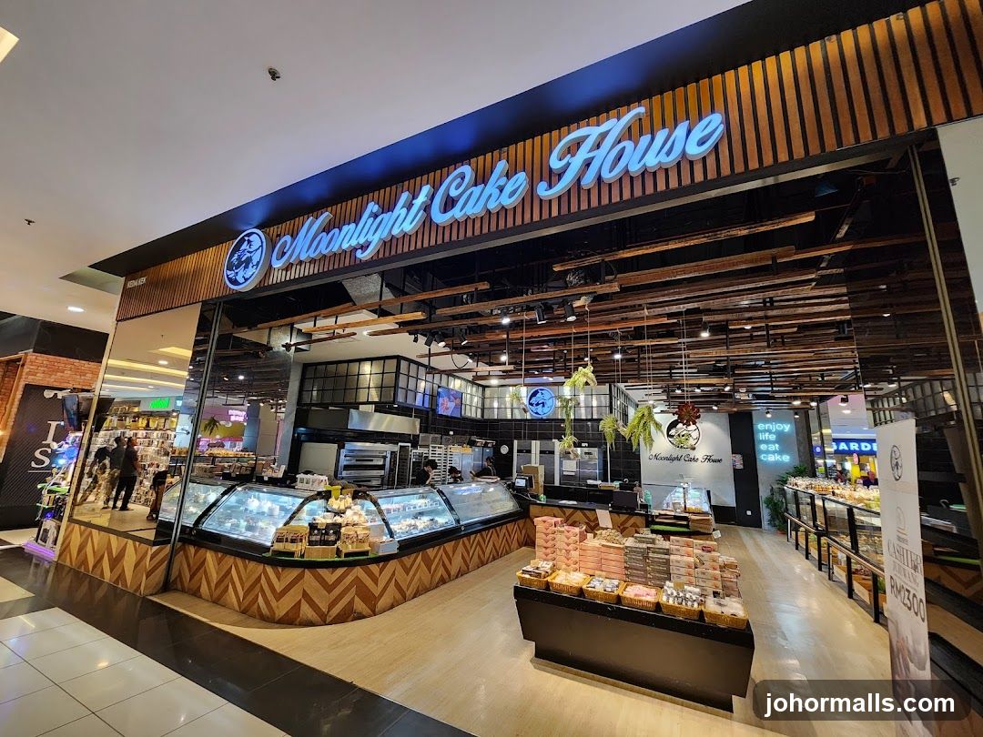 The exterior of a cake shop with a prominent sign that reads "Moonlight Cake House". Inside, display cases are filled with various cakes and pastries. There are also shelves stocked with boxed cakes and other baked goods. The shop has a modern interior design with wooden accents and hanging plants.