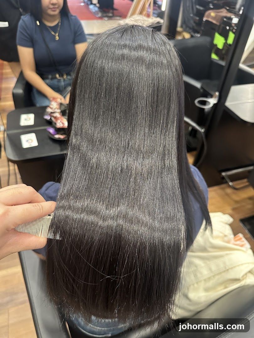 Hairdresser combing long dark hair