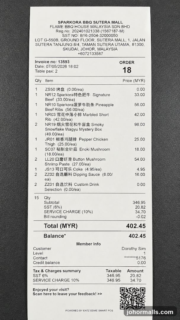 SPARKORA BBQ SUTERA MALL Receipt