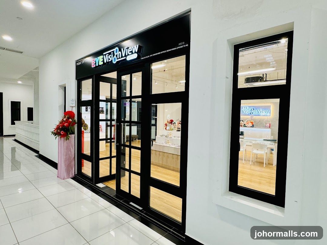 The exterior of an optical shop with a prominent sign that reads "EYE Vision View OPTICS". The shop has large glass doors and windows, allowing a view of the interior where eyeglasses and other optical products are displayed. A floral arrangement is placed to the left of the entrance.