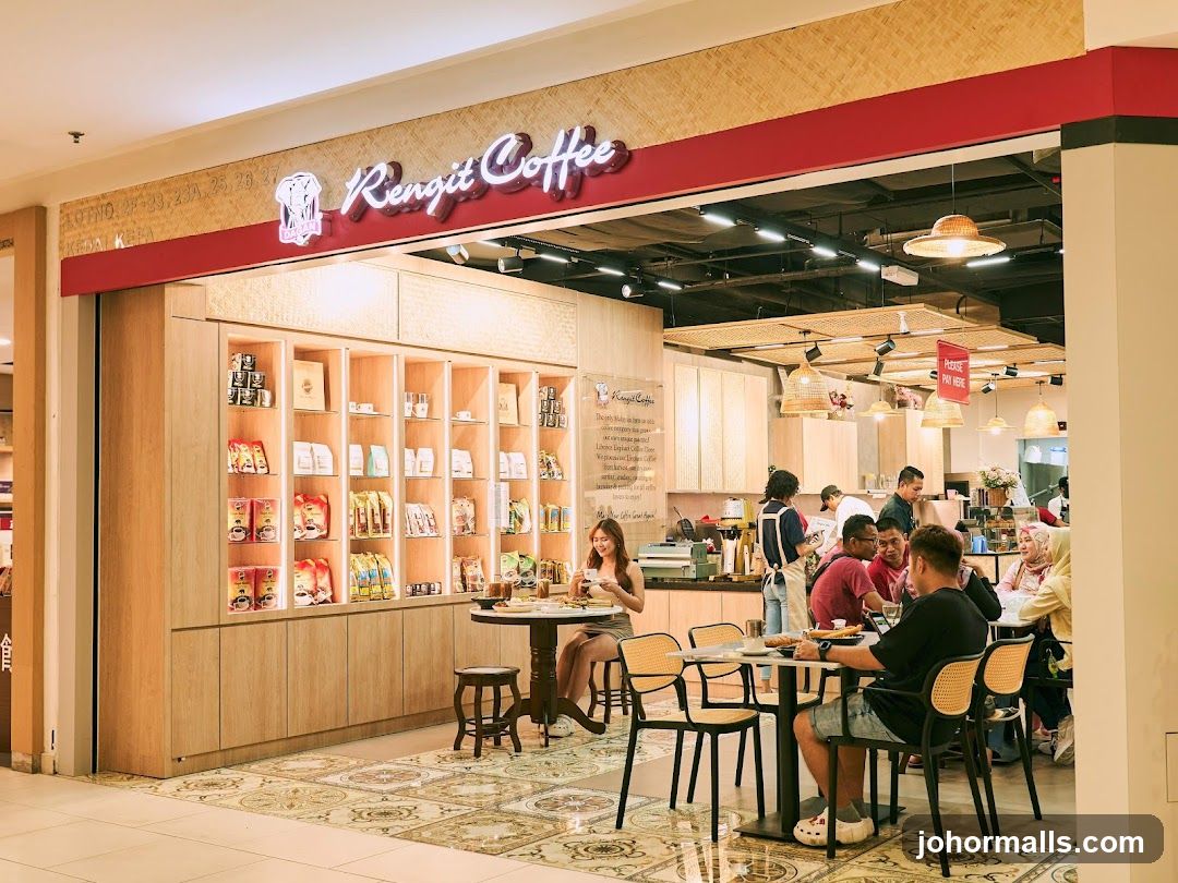 The exterior of a Rengit Coffee shop with a prominent sign above the entrance. Inside, shelves are stocked with coffee products, and customers are seated at tables.