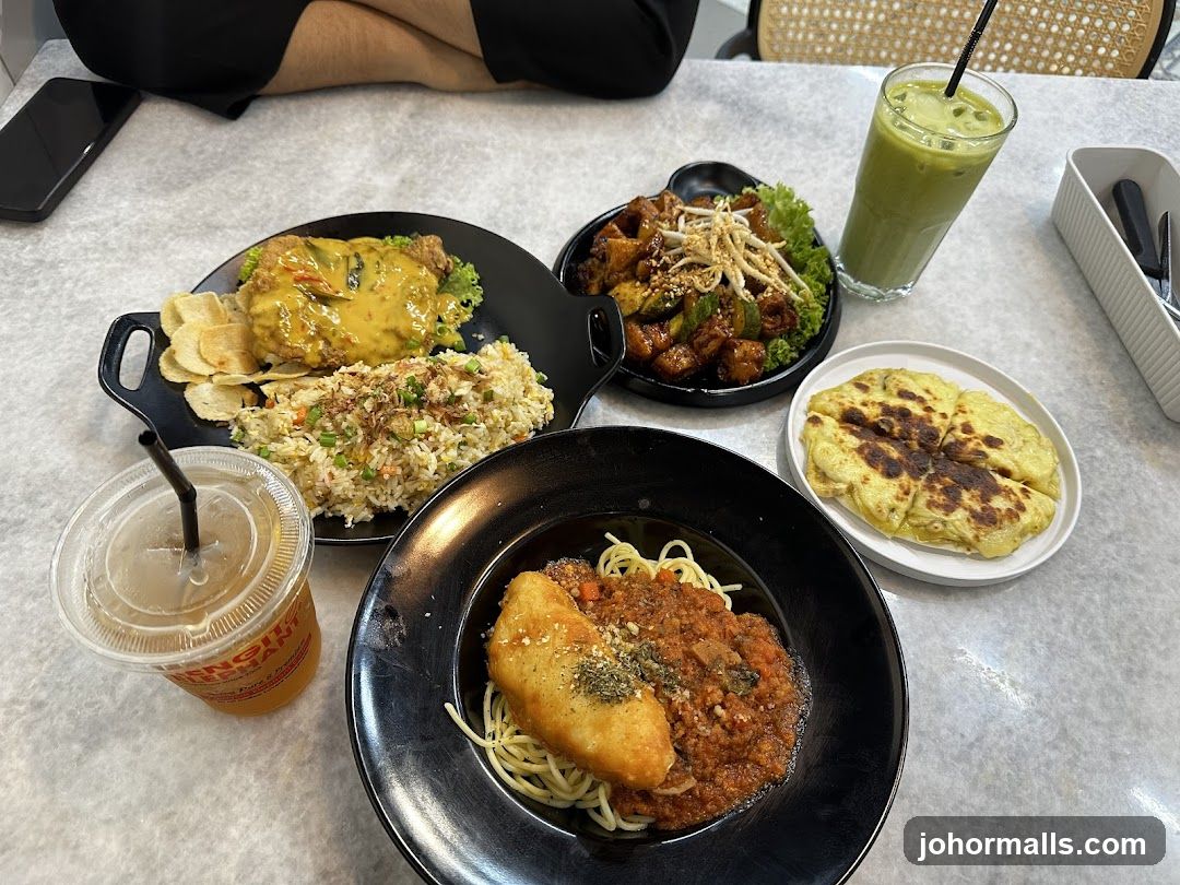 Table with various dishes and drinks
