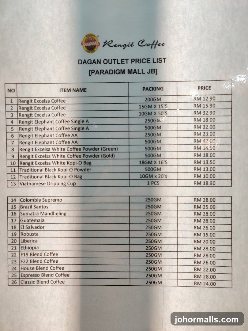 Rengit Coffee DAGAN OUTLET PRICE LIST [PARADIGM MALL JB]