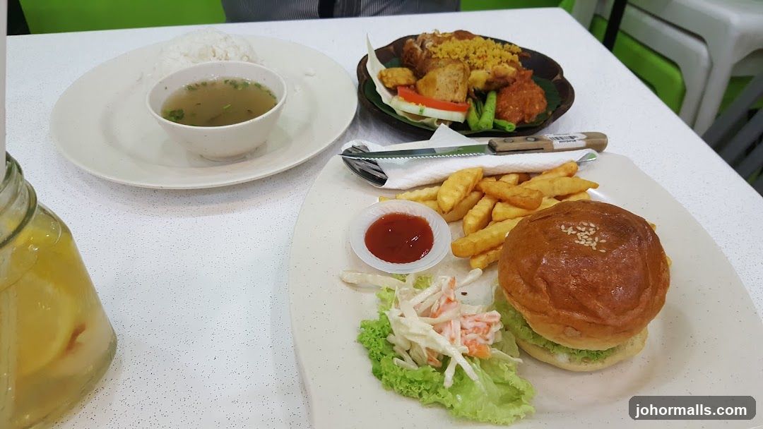 Burger meal with fries and soup