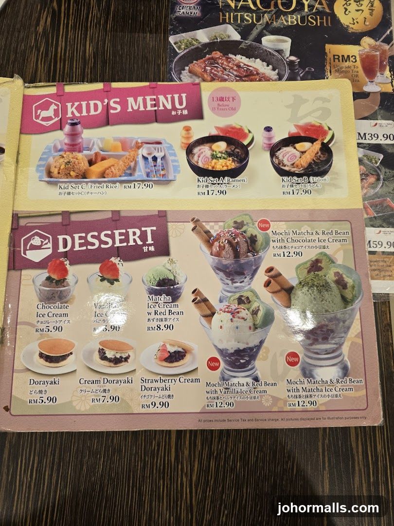 Kid's Menu and Dessert Section