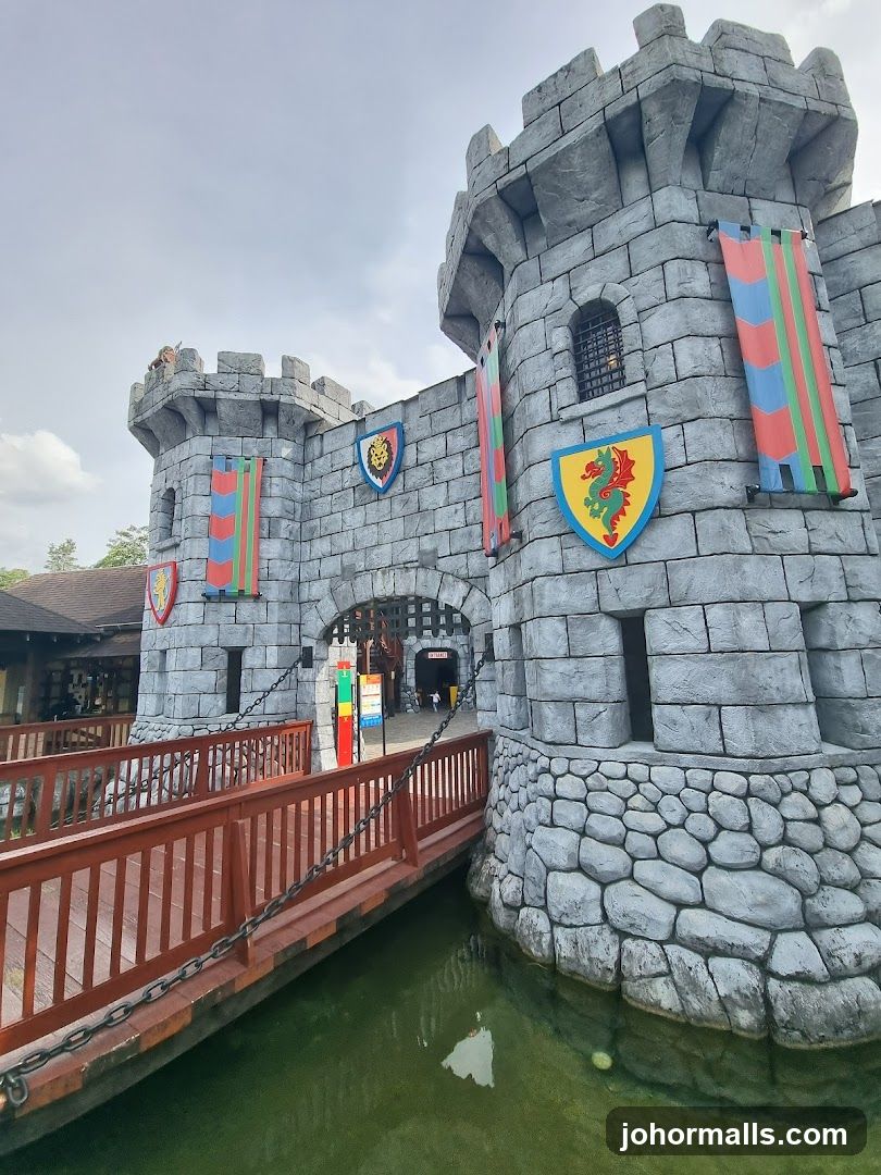 Castle-themed entrance with bridge and moat