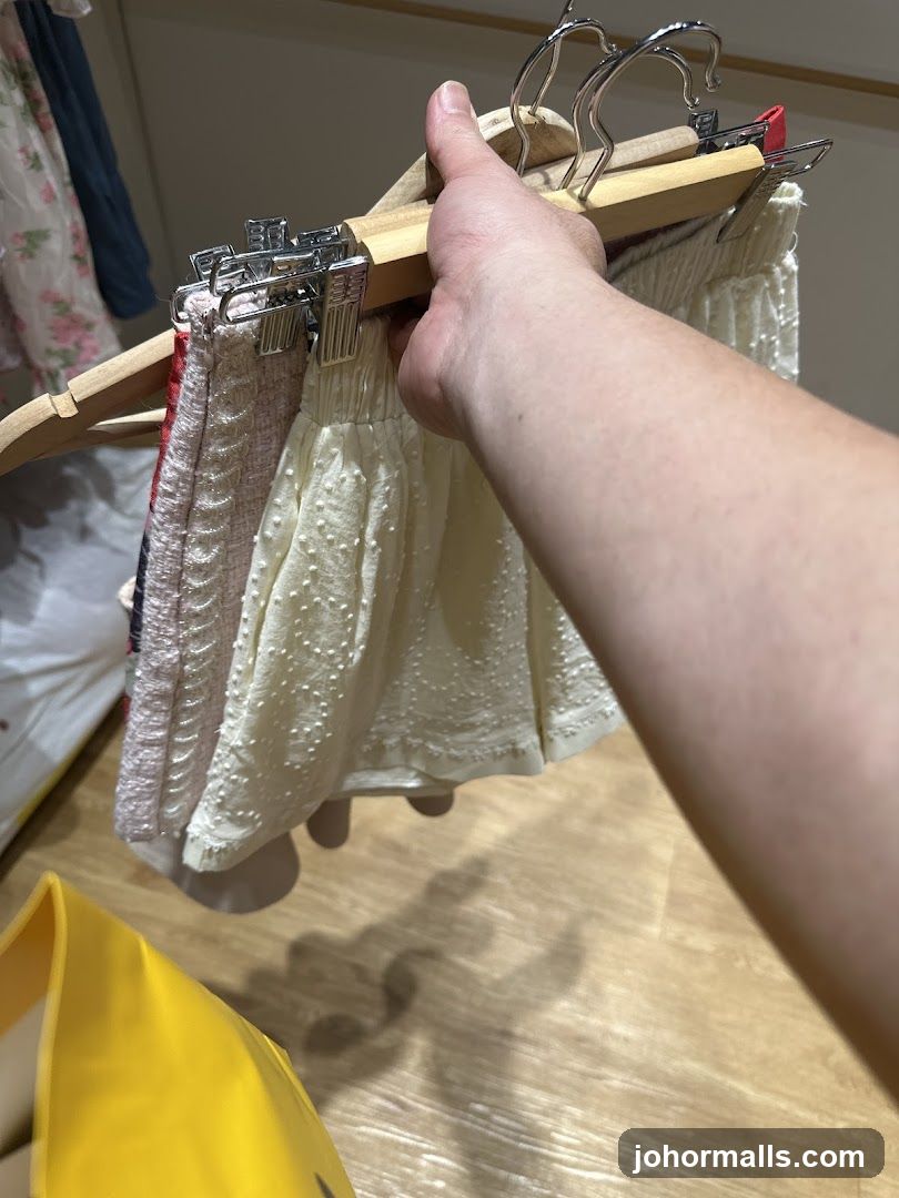 Hand holding children's clothing on hangers