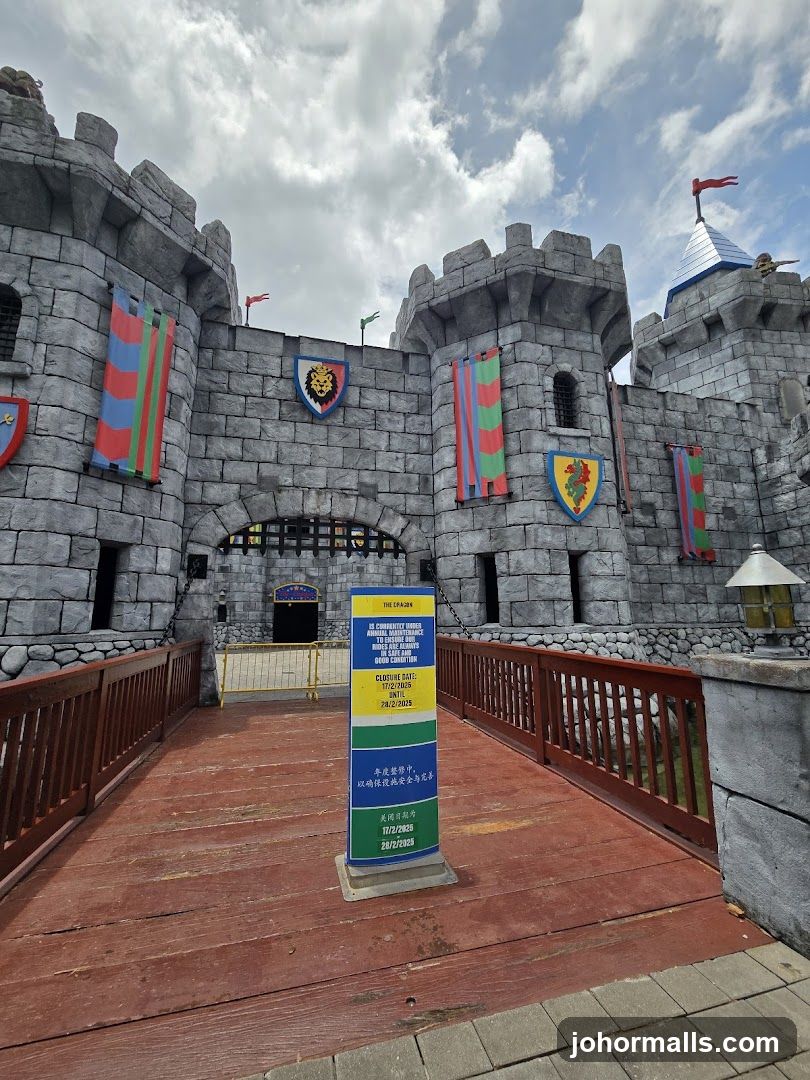 Castle-themed entrance with closure notice