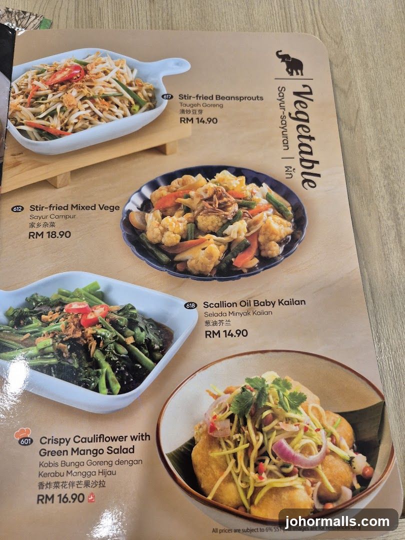 Vegetable Section of Menu