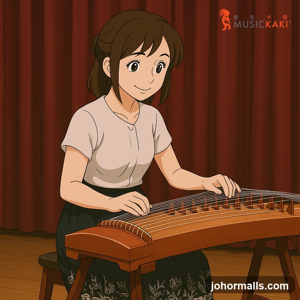 Illustration of a woman playing the guqin
