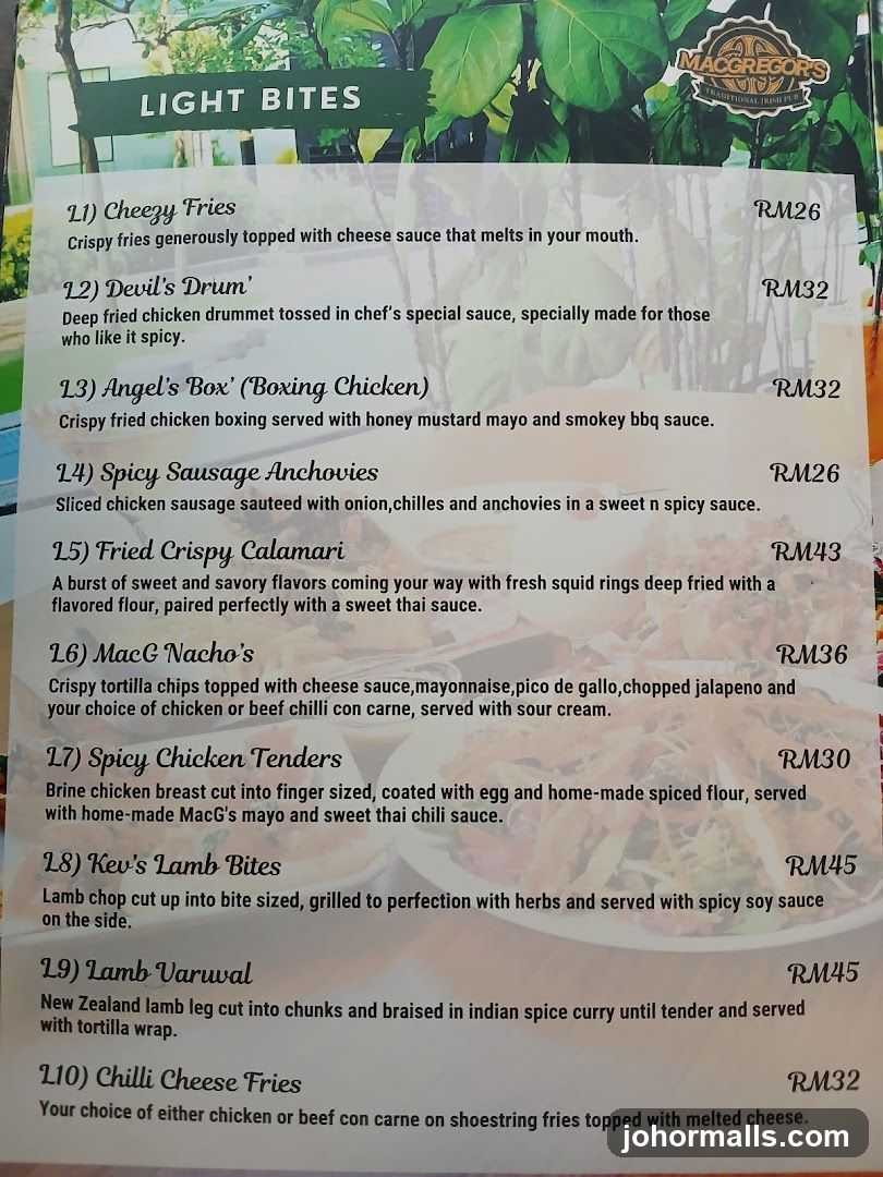 MacGregors Light Bites Menu