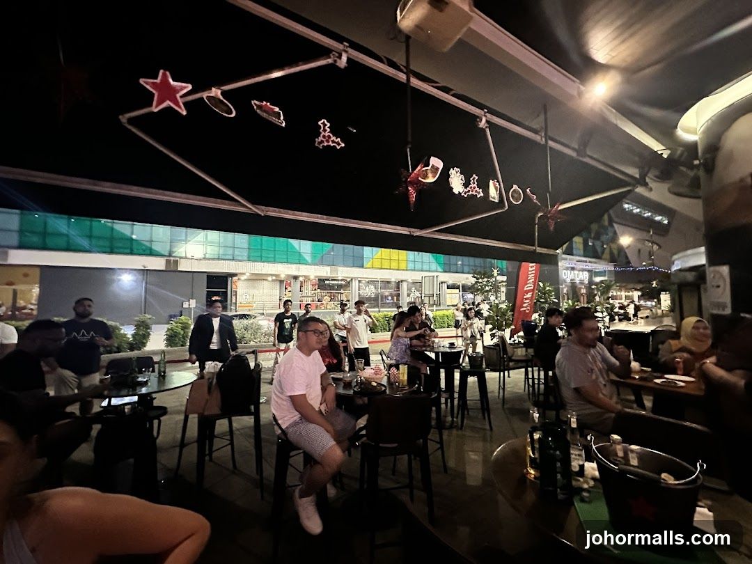 Outdoor dining area at night