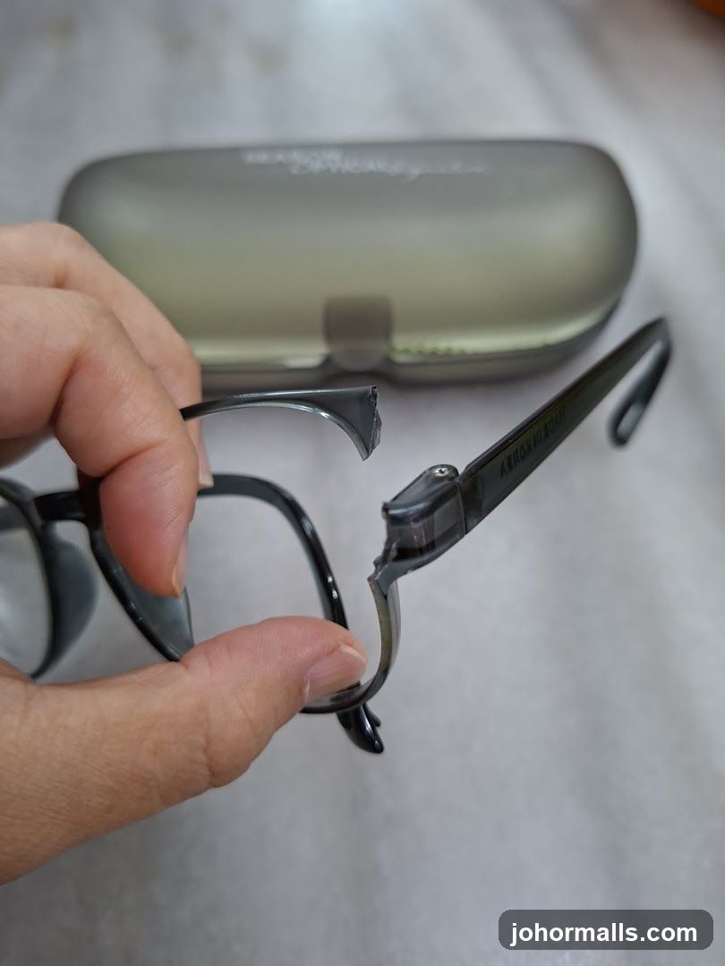 Hand holding broken glasses with case in background