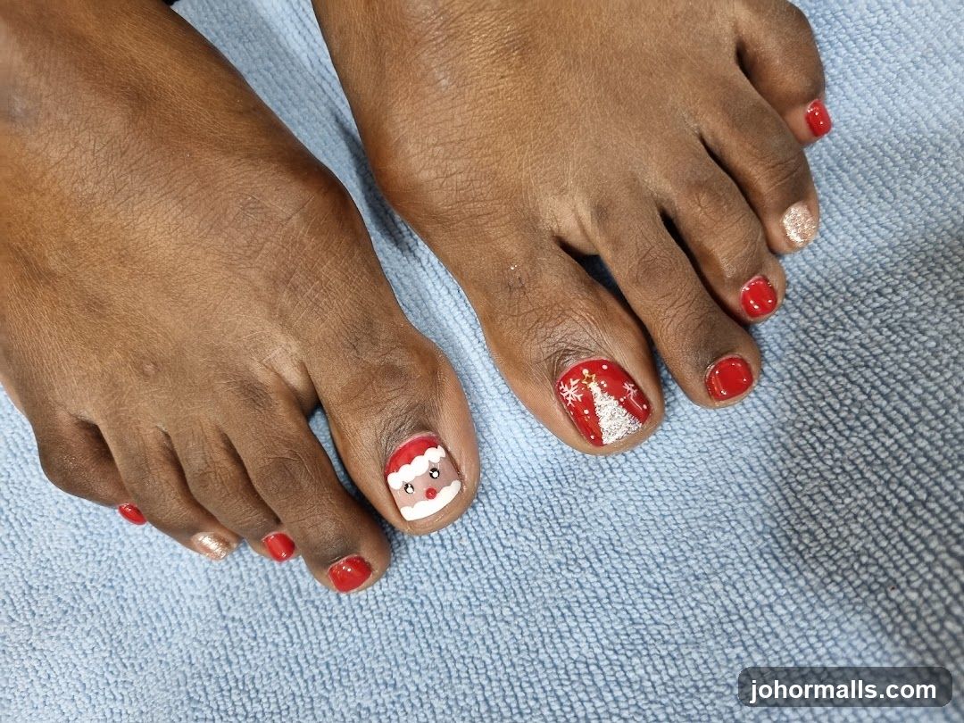 Christmas-themed toe nail art