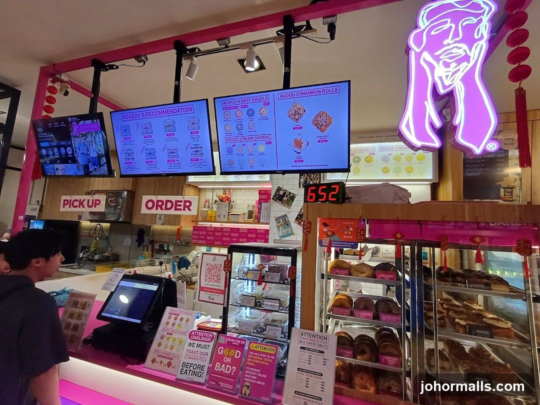 Inside a bagel shop counter area