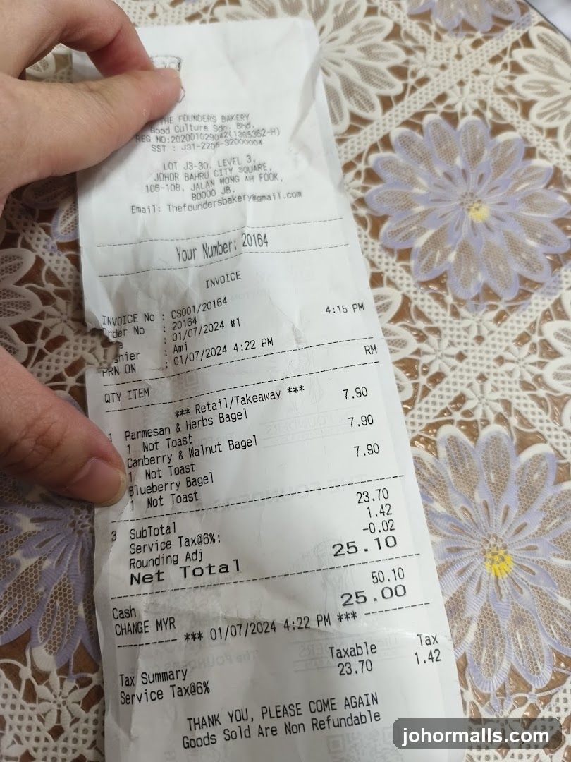 Receipt from The Founders Bakery