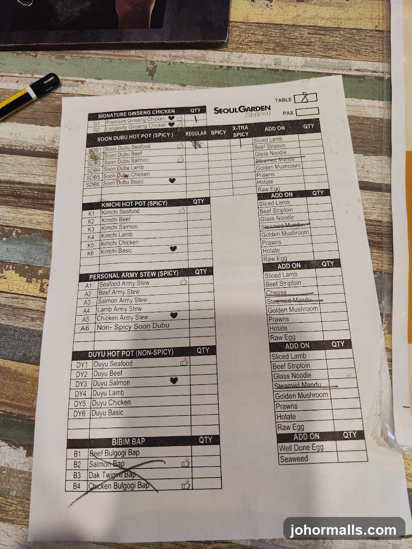 Seoul Garden Menu Order Form