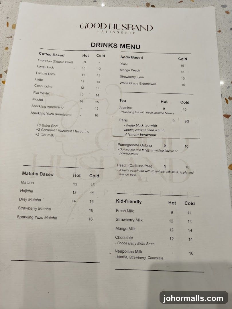 Good Husband Patisserie Drinks Menu