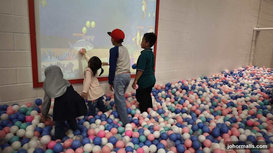 Children in ball pit with interactive screen