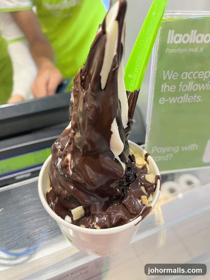 Soft serve ice cream with chocolate drizzle