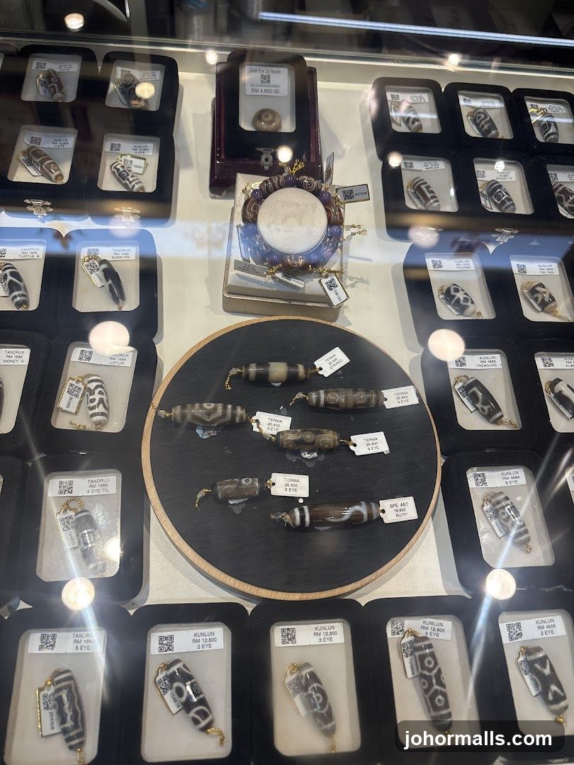 Display of Tengri Beads in Glass Case