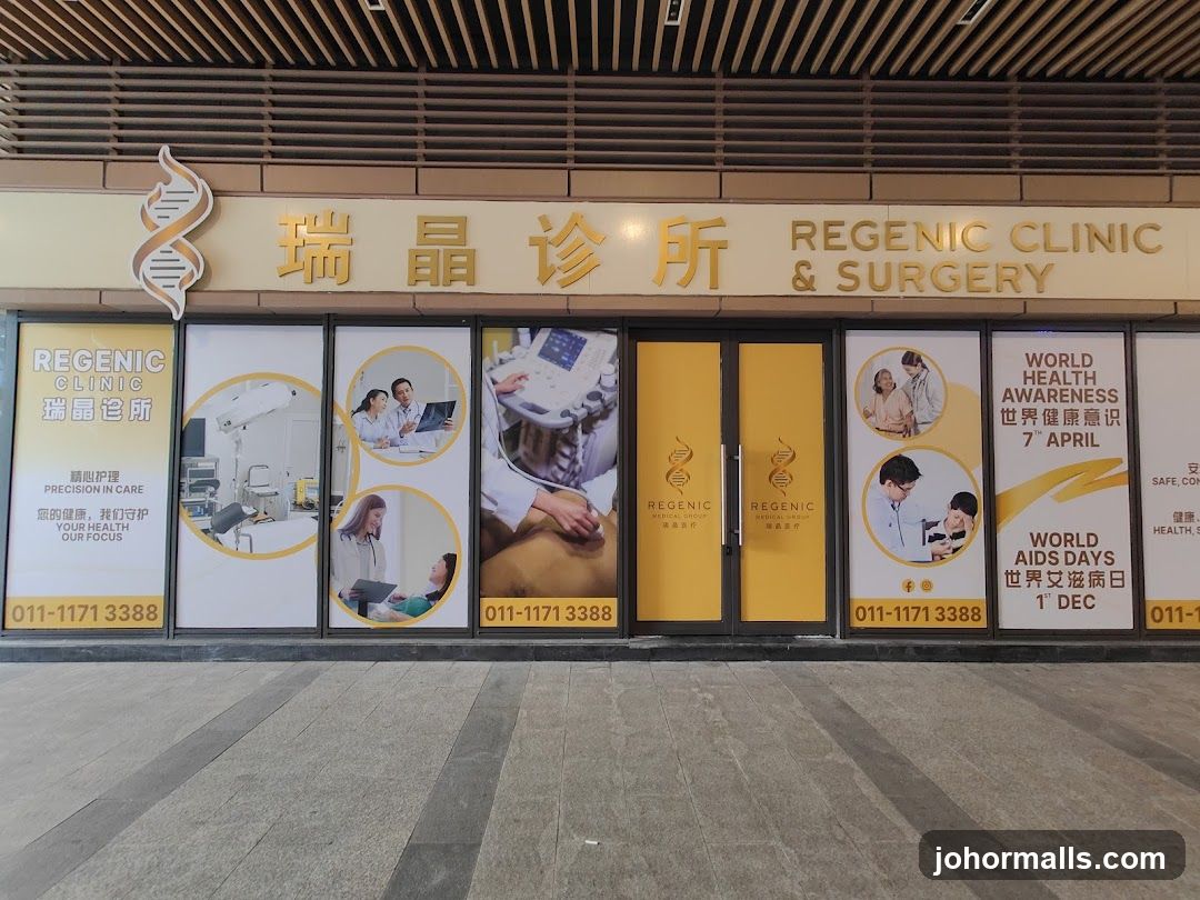 Exterior facade of a medical clinic with gold lettering "瑞晶诊所" and "REGENIC CLINIC & SURGERY" above the entrance. The building has a modern design with wooden slat ceiling, glass doors featuring yellow panels with logo and contact number 011-11713388. Large promotional posters on either side of the door display images of medical staff and equipment, along with health awareness messages like "World Health Awareness" and "World AIDS Day." A DNA helix icon is mounted to the left of the main sign.