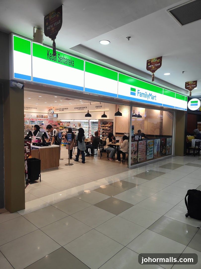 Storefront with green and white signage displaying 'Kedai Serbaneka' and 'FamilyMart'. Customers are inside the store; some are seated at tables, others are at checkout counters. Promotional banners reading 'NEW YEAR' hang above the entrance. The interior is well-lit with tiled floors and visible product shelves.