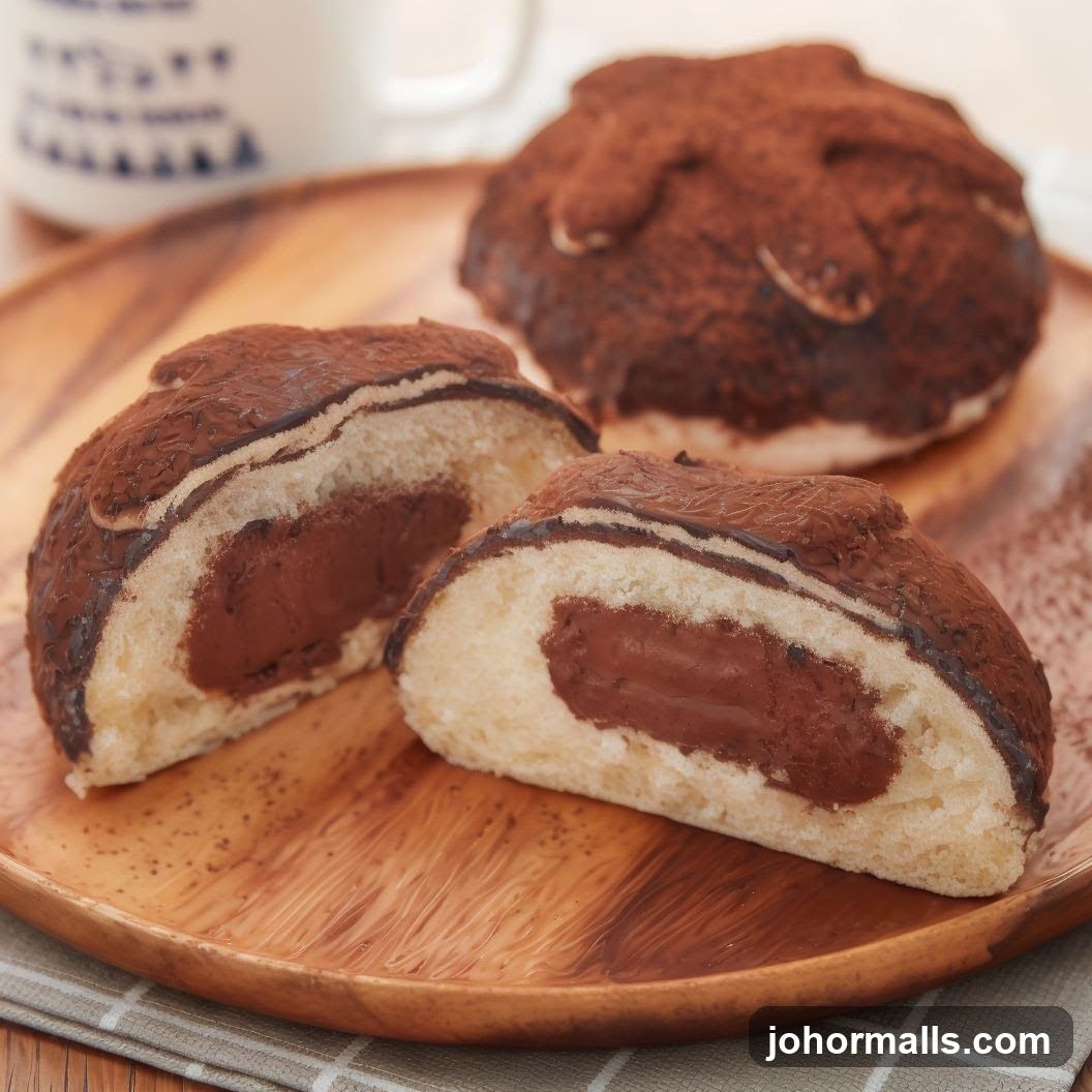 Chocolate-filled pastry on wooden plate