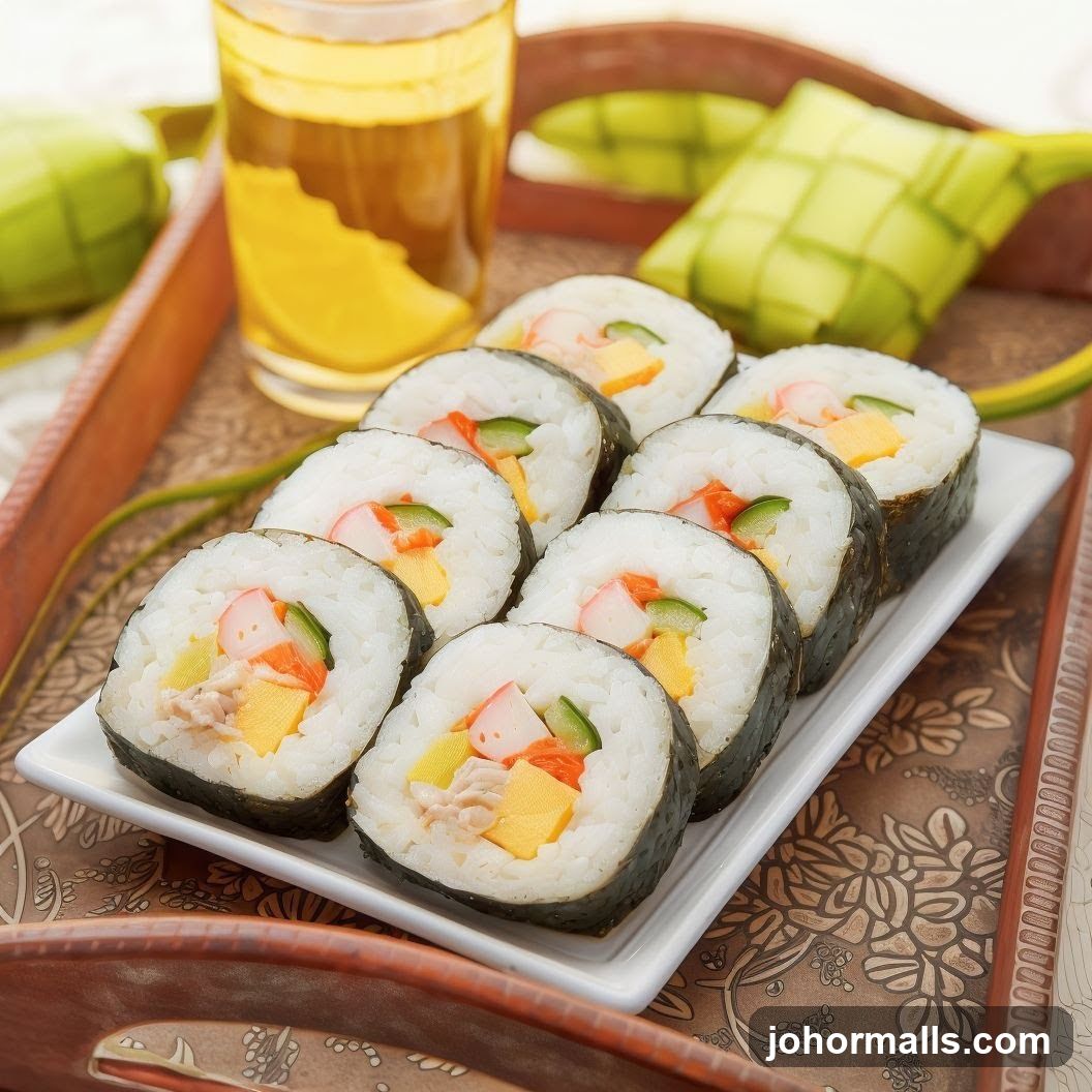 Sushi Rolls with Beverage and Decorative Items