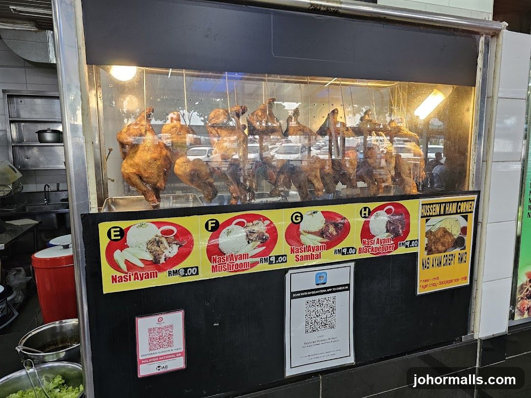 Food stall display with roasted chickens