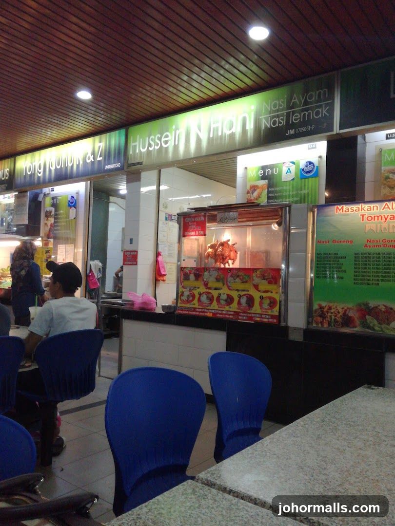 Food court interior with multiple stalls