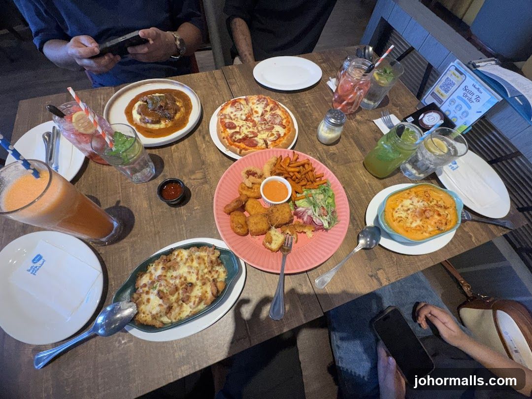 Dining table with food and drinks