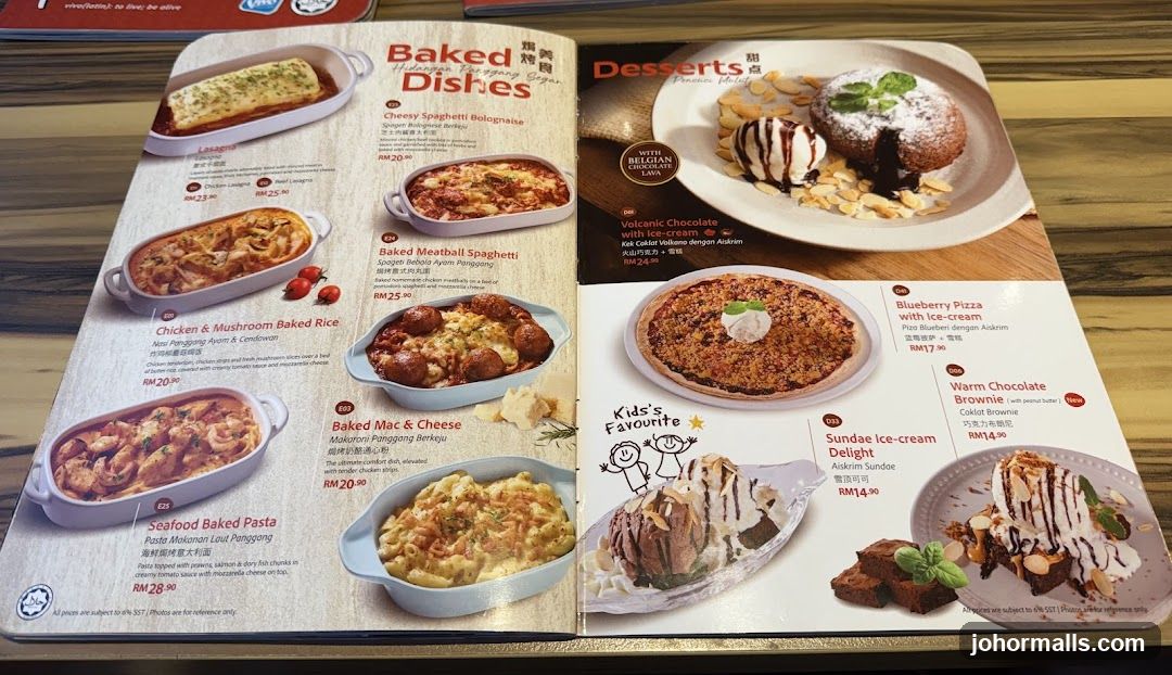 Baked Dishes and Desserts Menu