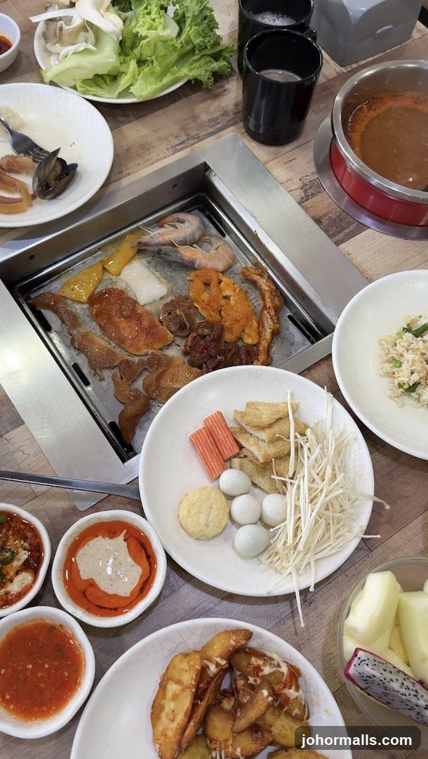 Grilled meat and seafood dining table