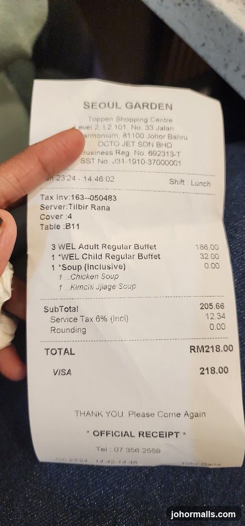 Seoul Garden Receipt