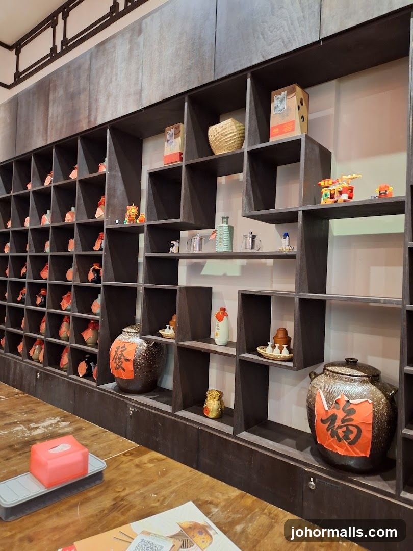 Display shelves with jars and decorative items