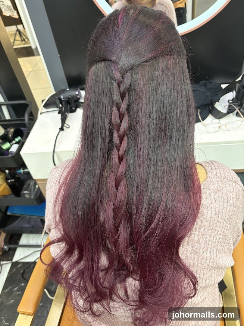 Braided Hair with Burgundy Ombre