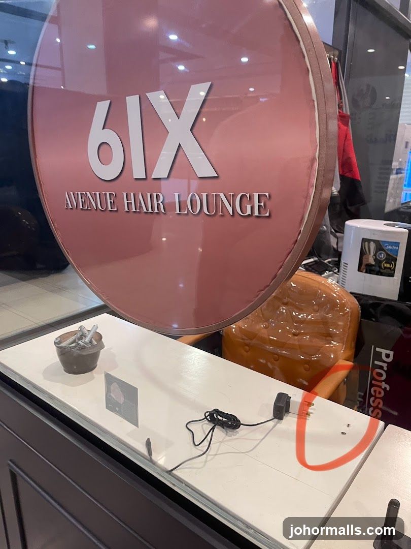 Hair salon interior with signage