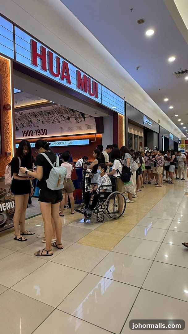 A long line of customers waits outside the Hua Mu restaurant. The restaurant's name is prominently displayed in large red letters above the entrance. A historical mural depicting scenes from 1900-1930 is visible on the wall inside the entrance, along with text that includes "CHICKEN CHOP". The floor is tiled, and the lighting suggests an indoor mall setting.