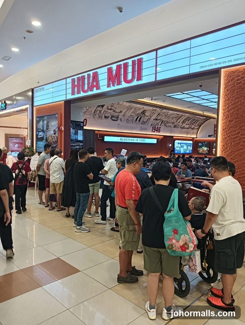 A long queue of people are waiting outside the Hua Mui restaurant. The restaurant's name is prominently displayed in large red letters above the entrance. A mural depicting scenes from 1946 runs along the upper part of the facade.