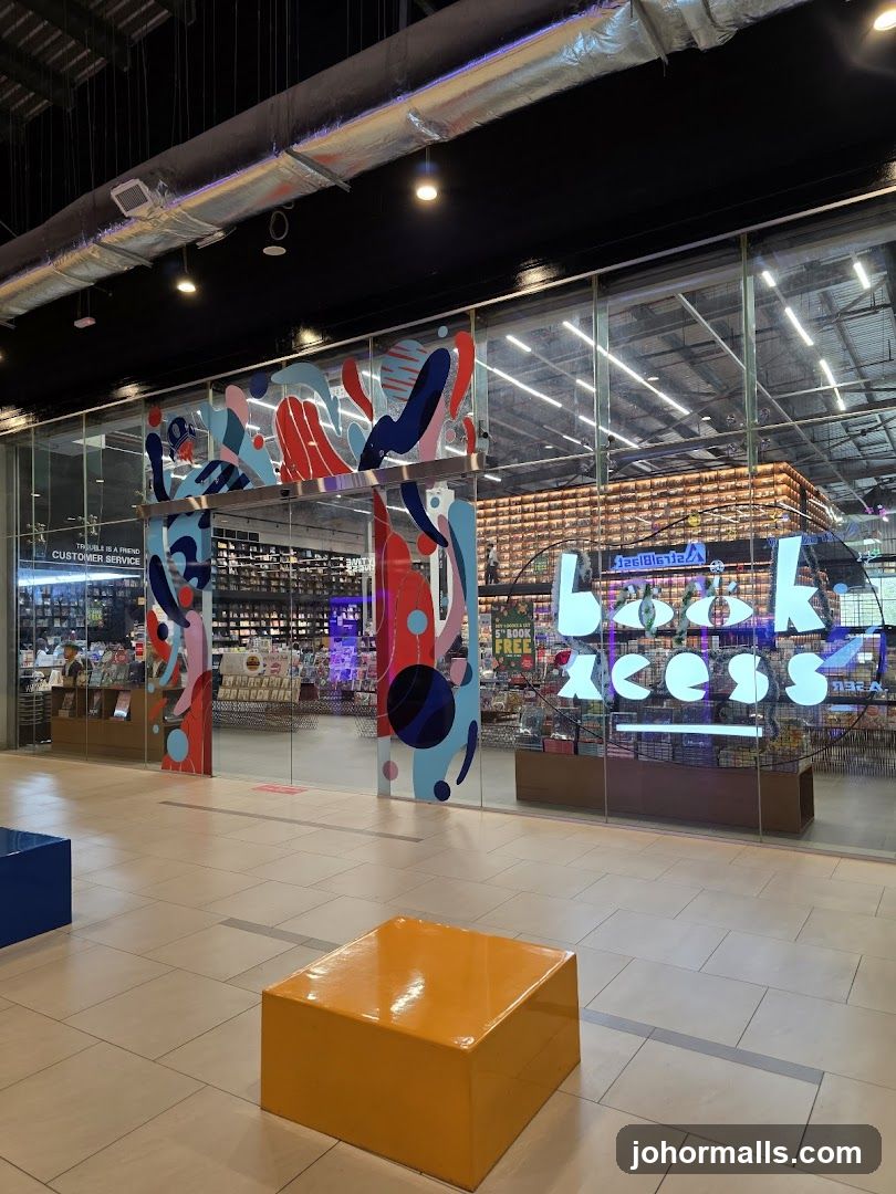 The exterior of a bookstore with large glass windows and doors. The store name "Book Excess" is visible in large, illuminated letters on the glass. Colorful abstract art is applied to the glass panels. Inside, shelves filled with books are visible, along with displays and lighting. Two colorful benches are placed outside the entrance.