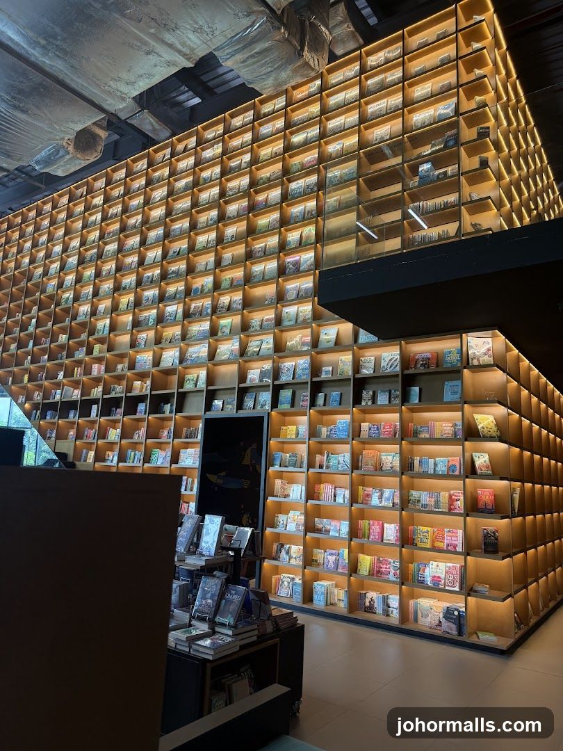 Interior of a bookstore with illuminated shelves