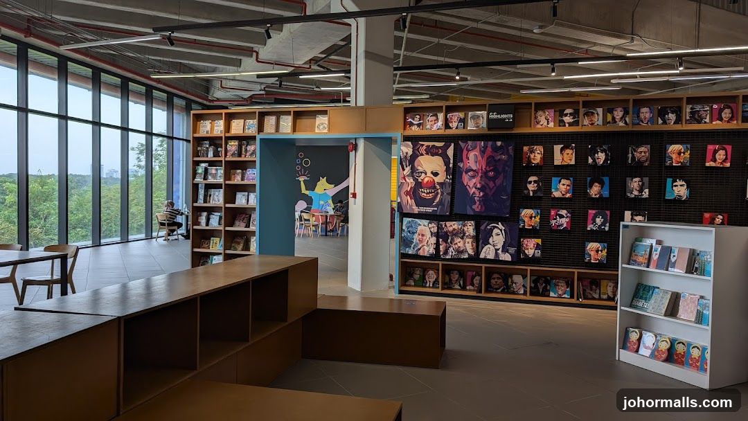 Interior of a bookstore with artwork and seating