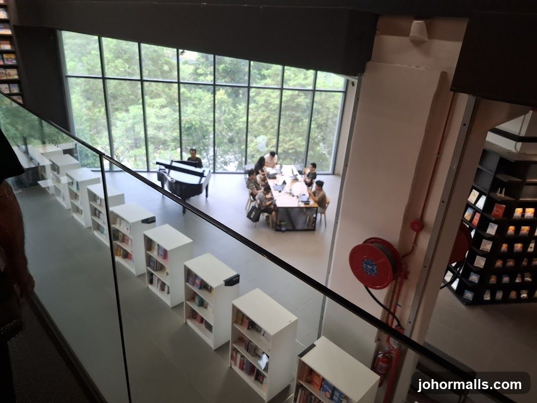 Interior of a modern library with a grand piano