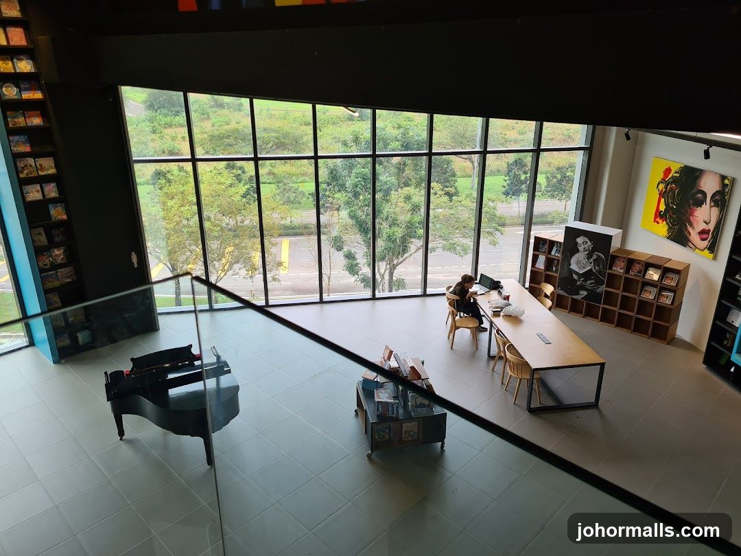 Interior of a modern space with bookshelves and a piano